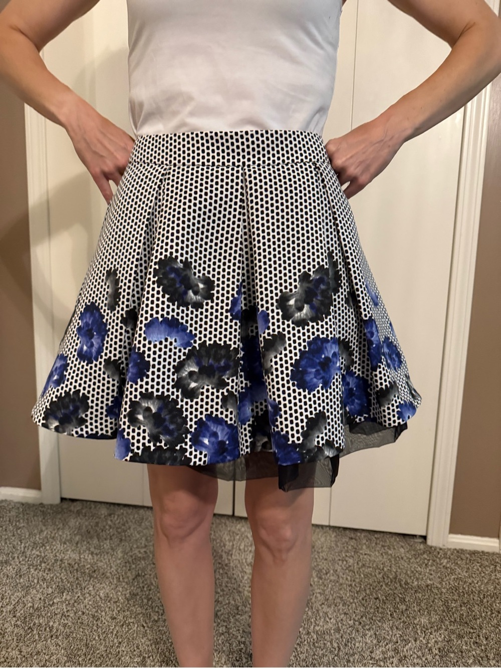Express Black and White Mini Skater Skirt with Pleated Embellishments